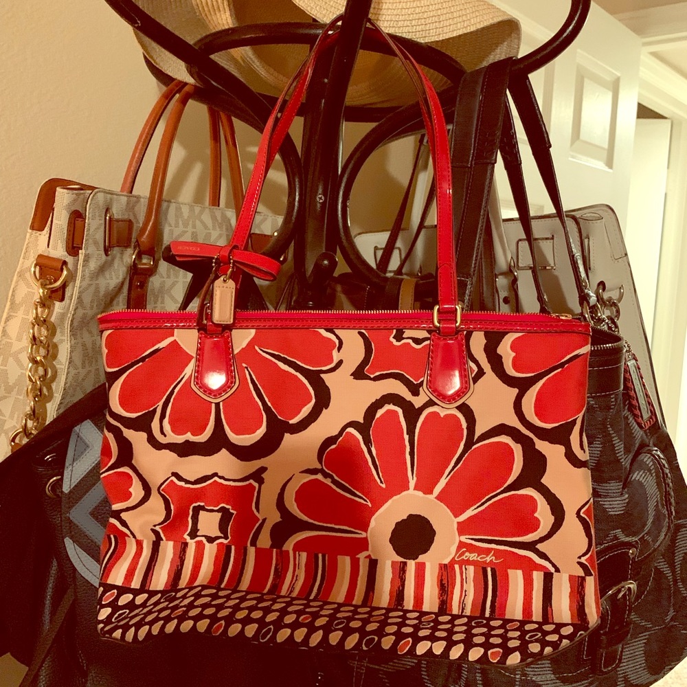 AUTHENTIC Coach Poppy Flower Tote Hand Bag Desert Sky Red Canvas